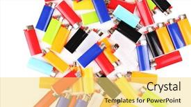  Presentation with bright colorful candy isolated - Presentation theme consisting of new fire safety - colorful lighters isolated on white background and a yellow colored foreground