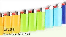  Presentation with colorful - Colorful PPT theme enhanced with new fire safety - colorful lighters isolated on white backdrop and a soft green colored foreground