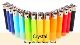  Presentation with bright colorful candy isolated - Beautiful presentation theme featuring new fire safety - colorful lighters isolated on white backdrop and a yellow colored foreground