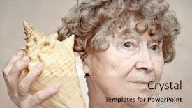  Presentation with seashell - Audience pleasing PPT theme consisting of music heals - smiling great grandmother listening backdrop and a coral colored foreground