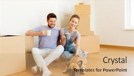  Presentation with real estate - Slide deck featuring new home and drinking coffee background and a coral colored foreground