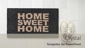  Presentation with moving writing - Audience pleasing presentation consisting of new home moving in door mat entrance welcome doormat with text writing home sweet home and white sneakers of happy condo homeowner top view of rug and wooden floor backdrop and a light gray colored foreground