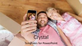  Presentation with repair - Slide deck featuring new home technology people repair and moving concept - happy couple taking selfie with smartphone and lying on floor among cardboard boxes at home background and a lemonade colored foreground