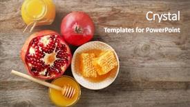  Presentation with honey - Theme enhanced with new honeycomb - composition with honey and fruit background and a coral colored foreground