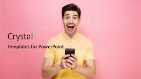  Presentation with man holding phone - Presentation design featuring new hope - portrait of an excited young background and a coral colored foreground