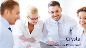  Presentation with virtual team meeting - Audience pleasing PPT theme consisting of new idea people - smiling businesswoman with team backdrop and a sky blue colored foreground