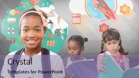  Presentation with kids reading books - PPT theme featuring new innovation tourism - digital composite of kids reading background and a coral colored foreground