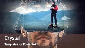  Presentation with future innovation - Colorful presentation enhanced with new innovation tourism - virtual reality experience technologies backdrop and a tawny brown colored foreground