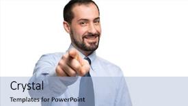  Presentation with job - Theme with new job - handsome funny businessman pointing background and a light blue colored foreground