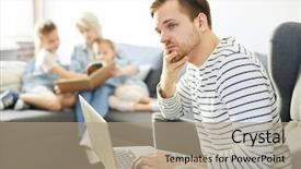  Presentation with young man holdng laptop on lap money - PPT theme enhanced with new job in the net background and a  colored foreground