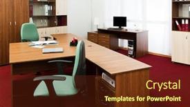  Presentation with new office - Slide deck featuring new laptop on a desk at modern office background and a tawny brown colored foreground