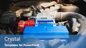  Presentation with electric car battery - Cool new presentation with new lead-acid automotive electric battery replacement in old car backdrop and a teal colored foreground