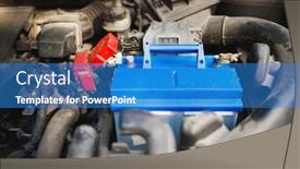  Presentation with electric car battery - Presentation theme enhanced with new lead-acid automotive electric battery replacement in old car background and a teal colored foreground