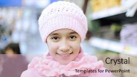  Presentation with smiling little girl - Slide set with new market - beautiful smiling girl with cap background and a  colored foreground