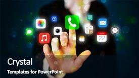  Presentation with human computer interaction mobile app - Colorful slide set enhanced with new media - businesswoman pressing colorful mobile app backdrop and a black colored foreground