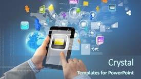  Presentation with media image - Presentation design with new media - close-up image of male hands background and a ocean colored foreground