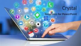  Presentation with laptop - Cool new theme with new media - hand pressing modern laptop backdrop and a teal colored foreground