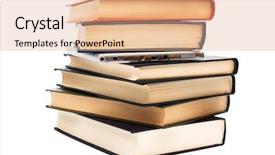  Presentation with books - Cool new PPT theme with new media - reader and old books backdrop and a coral colored foreground