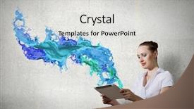  Presentation with tablet - Audience pleasing slides consisting of new media - young pretty businesswoman presenting tablet backdrop and a light gray colored foreground