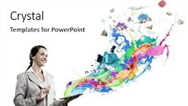  Presentation with tablet - PPT theme featuring new media - young pretty businesswoman presenting tablet background and a white colored foreground