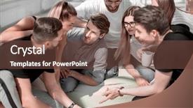  Presentation with meeting - Slides with new members - young entrepreneurs discussing business documents background and a tawny brown colored foreground