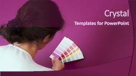  Presentation with wall paint - Amazing presentation theme having woman select a color to paint her wall with copy space backdrop and a violet colored foreground