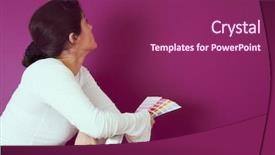  Presentation with wall paint - Cool new slide deck with woman select a color to paint her wall with copy space backdrop and a violet colored foreground