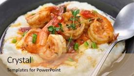  Presentation with shrimp - Presentation with new orleans - shrimp and grits cuisine background and a coral colored foreground