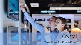  Presentation with consumer electronics - Presentation design having new product - young couple in consumer electronics background and a light blue colored foreground