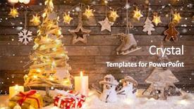 Presentation with christmas blank wooden signboard - Slide deck with christmas decoration on wooden background background and a light gray colored foreground
