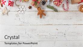  Presentation with events and decoration presentation - Audience pleasing theme consisting of new products abstract - christmas decoration on wooden background backdrop and a light gray colored foreground