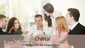  Presentation with young business people - Presentation theme consisting of new project in a conference background and a coral colored foreground