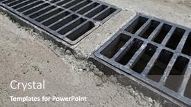  Presentation with rain city - Amazing PPT theme having new-rainwater-grate backdrop and a gray colored foreground