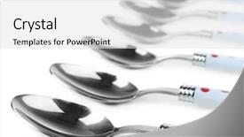  Presentation with silver - Colorful presentation design enhanced with new restaurant - silver spoons isolated on white backdrop and a  colored foreground
