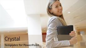  Presentation with contemporary world - Theme having new sales employee welcome - attractive businesswoman in contemporary office background and a  colored foreground