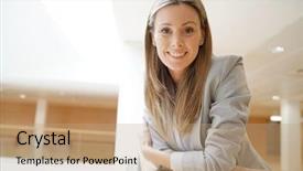  Presentation with office - PPT theme featuring new sales employee welcome - attractive businesswoman in contemporary office background and a  colored foreground