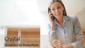  Presentation with office - PPT theme with new sales employee welcome - attractive businesswoman on cellphone background and a  colored foreground