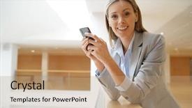  Presentation with office - PPT theme with new sales employee welcome - attractive businesswoman on cellphone background and a  colored foreground