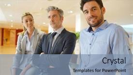  Presentation with team - Presentation design consisting of new sales employee welcome - attractive mixed business team smiling background and a  colored foreground