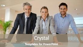  Presentation with team - Beautiful PPT theme featuring new sales employee welcome - attractive mixed business team smiling backdrop and a  colored foreground