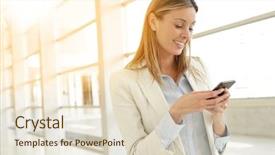  Presentation with contemporary world - Slide deck with new sales employee welcome - businesswoman texting in contemporary office background and a  colored foreground