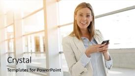  Presentation with texting while driving - Colorful presentation design enhanced with new sales employee welcome - businesswoman texting in contemporary office backdrop and a  colored foreground