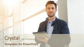  Presentation with tablet - Presentation design consisting of new sales employee welcome - casual businessman with tablet background and a lemonade colored foreground