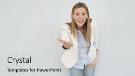  Presentation with molecular dynamic simulation - Slide set consisting of new sales employee welcome - dynamic businesswoman looking at camera background and a  colored foreground