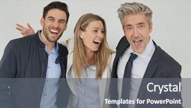  Presentation with dynamic - Slide deck having new sales employee welcome - dynamic work colleagues smiling together background and a gray colored foreground