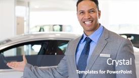  Presentation with salesman - Slide deck with new sales employee welcome - friendly car salesman welcoming gesture background and a seafoam green colored foreground