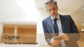  Presentation with contemporary world - Slide deck consisting of new sales employee welcome - mature businessman with cellphone background and a  colored foreground