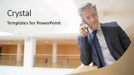  Presentation with office - Colorful slide set enhanced with new sales employee welcome - mature businessman with cellphone backdrop and a  colored foreground