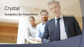  Presentation with team - PPT theme with new sales employee welcome - mixed business team standing background and a soft green colored foreground