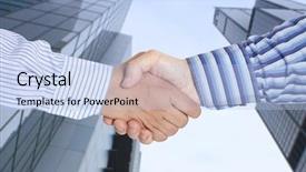  Presentation with handshake - PPT layouts enhanced with new sales team - closeup of a business handshake background and a light blue colored foreground